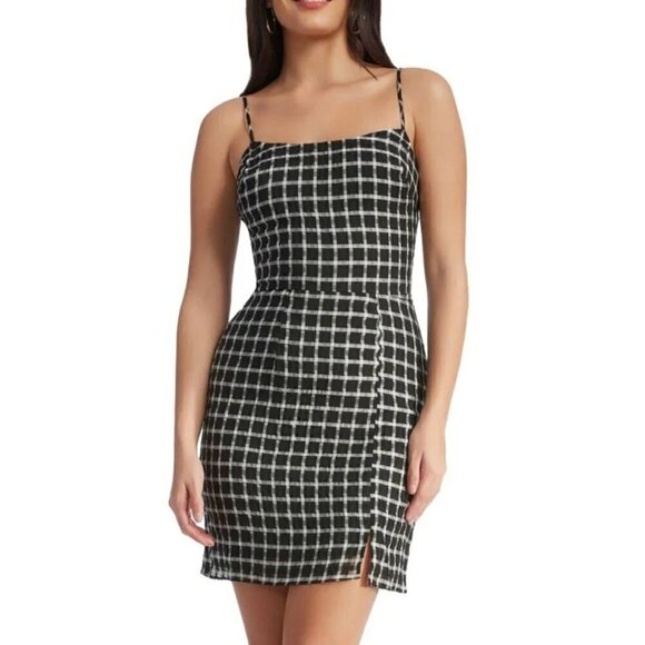 New DRESS THE POPULATION Size L Kallan Plaid Bodycon Mini Dress Balck/White - Picture 1 of 13